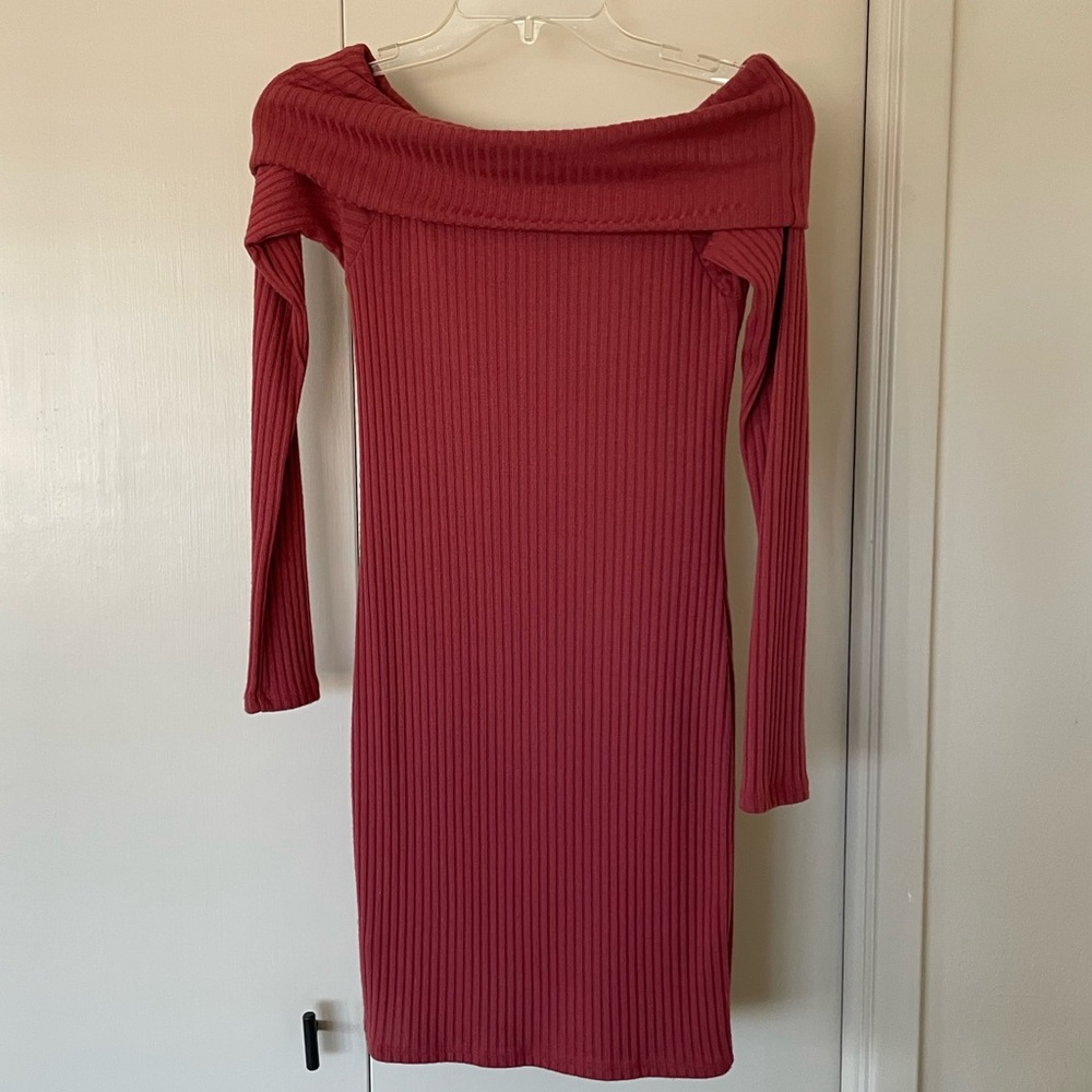Billabong Rust Red Ribbed Off Shoulder Mini Dress Long Sleeve Bodycon S